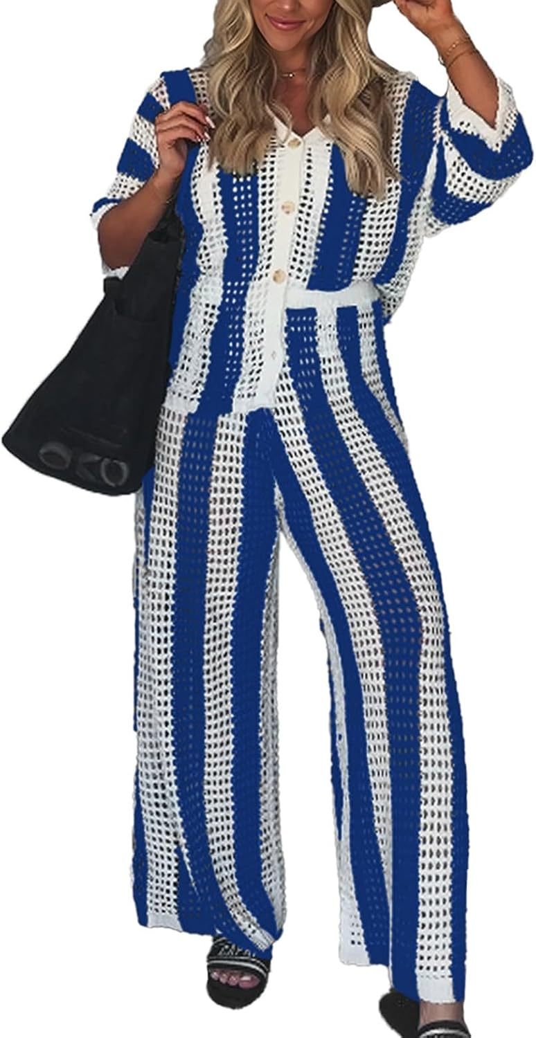 NIFTRIRY Women Cover Up Sets Button Up Tops with Pants Crochet Set Outfit 2 Piece Outfits Vacation Outfits
