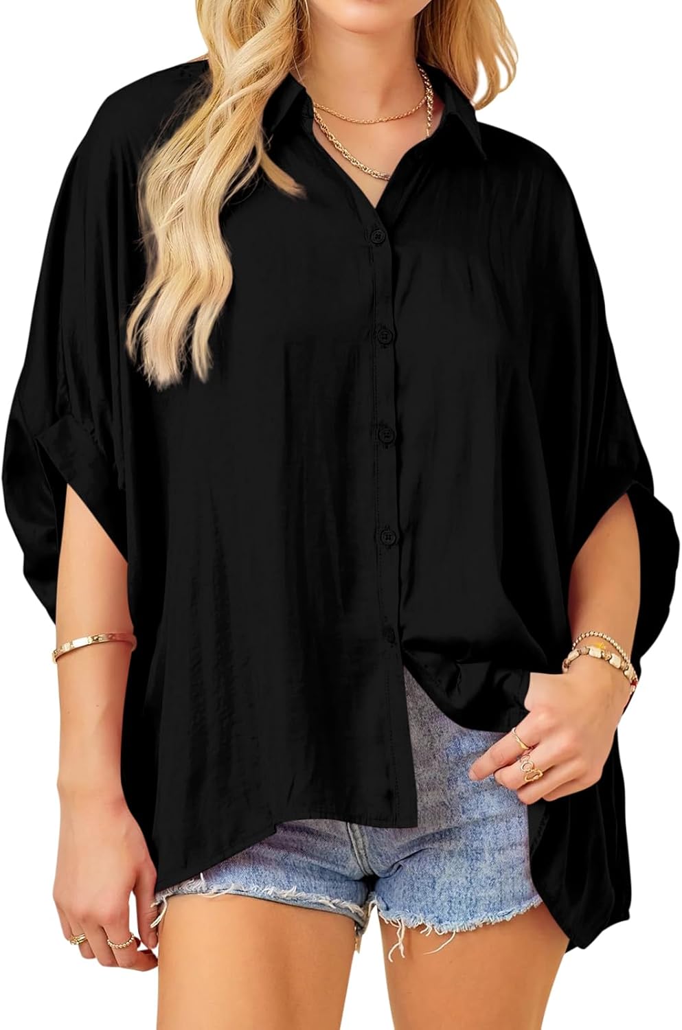 Imily Bela Womens Oversized Button Down Shirt Silk Dolman Short Sleeve Dressy Casual Blouse Tops
