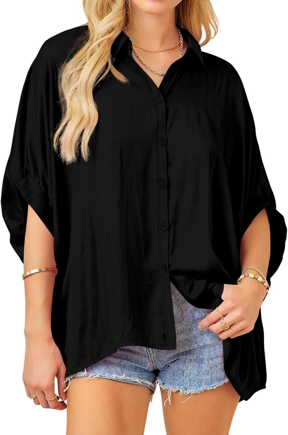 Imily Bela Womens Oversized Button Down Shirt Silk Dolman Short Sleeve Dressy Casual Blouse Tops