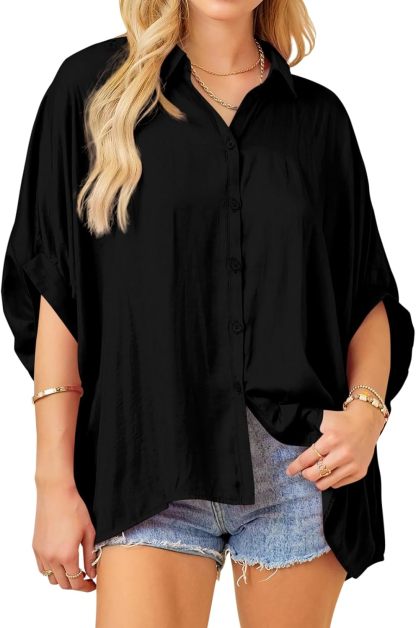 Imily Bela Womens Oversized Button Down Shirt Silk Dolman Short Sleeve Dressy Casual Blouse Tops