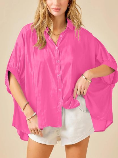 Imily Bela Womens Oversized Button Down Shirt Silk Dolman Short Sleeve Dressy Casual Blouse Tops
