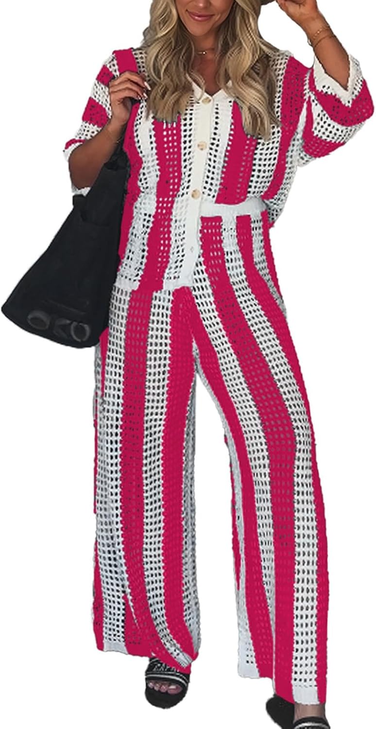 NIFTRIRY Women Cover Up Sets Button Up Tops with Pants Crochet Set Outfit 2 Piece Outfits Vacation Outfits