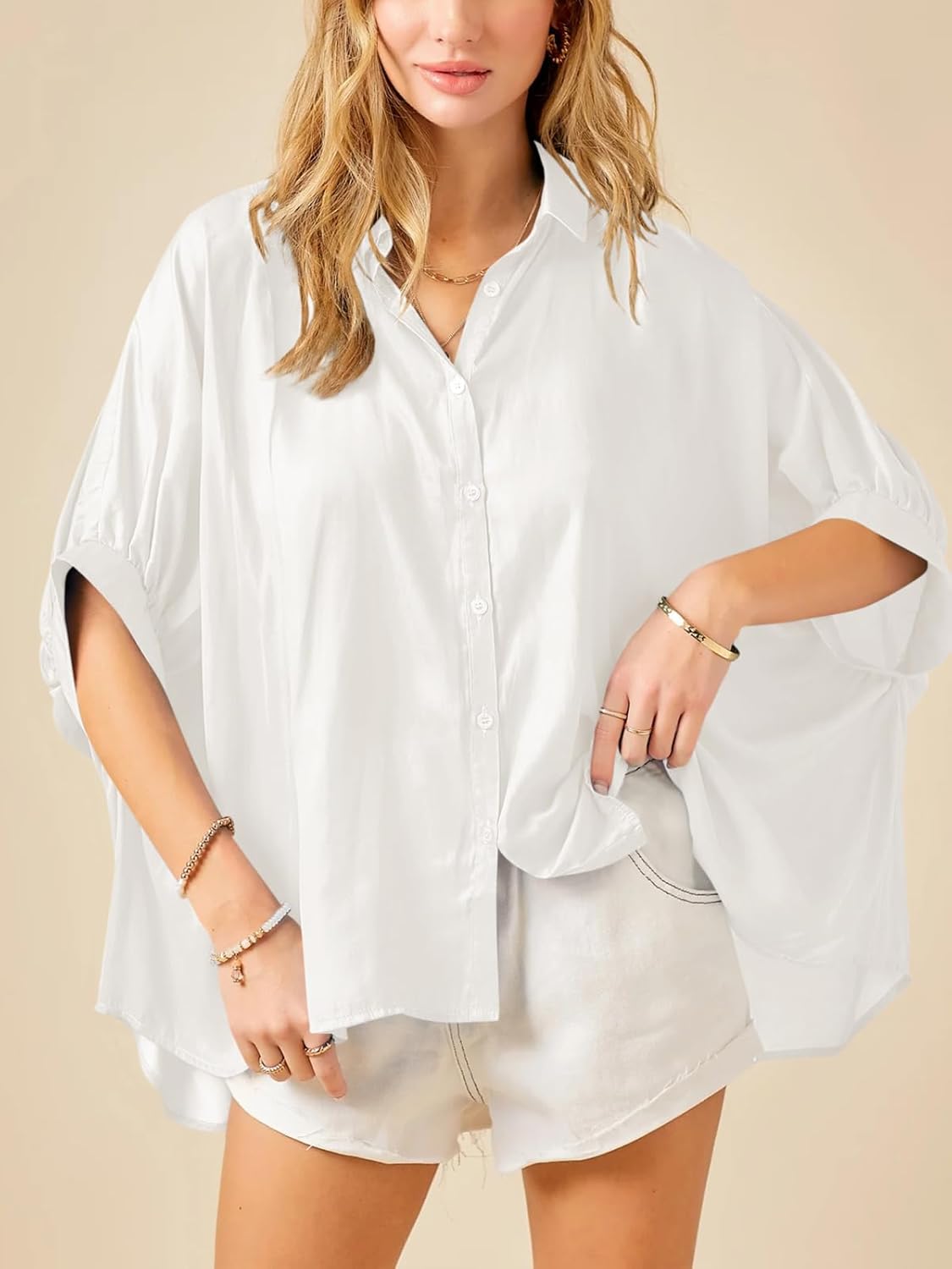 Imily Bela Womens Oversized Button Down Shirt Silk Dolman Short Sleeve Dressy Casual Blouse Tops
