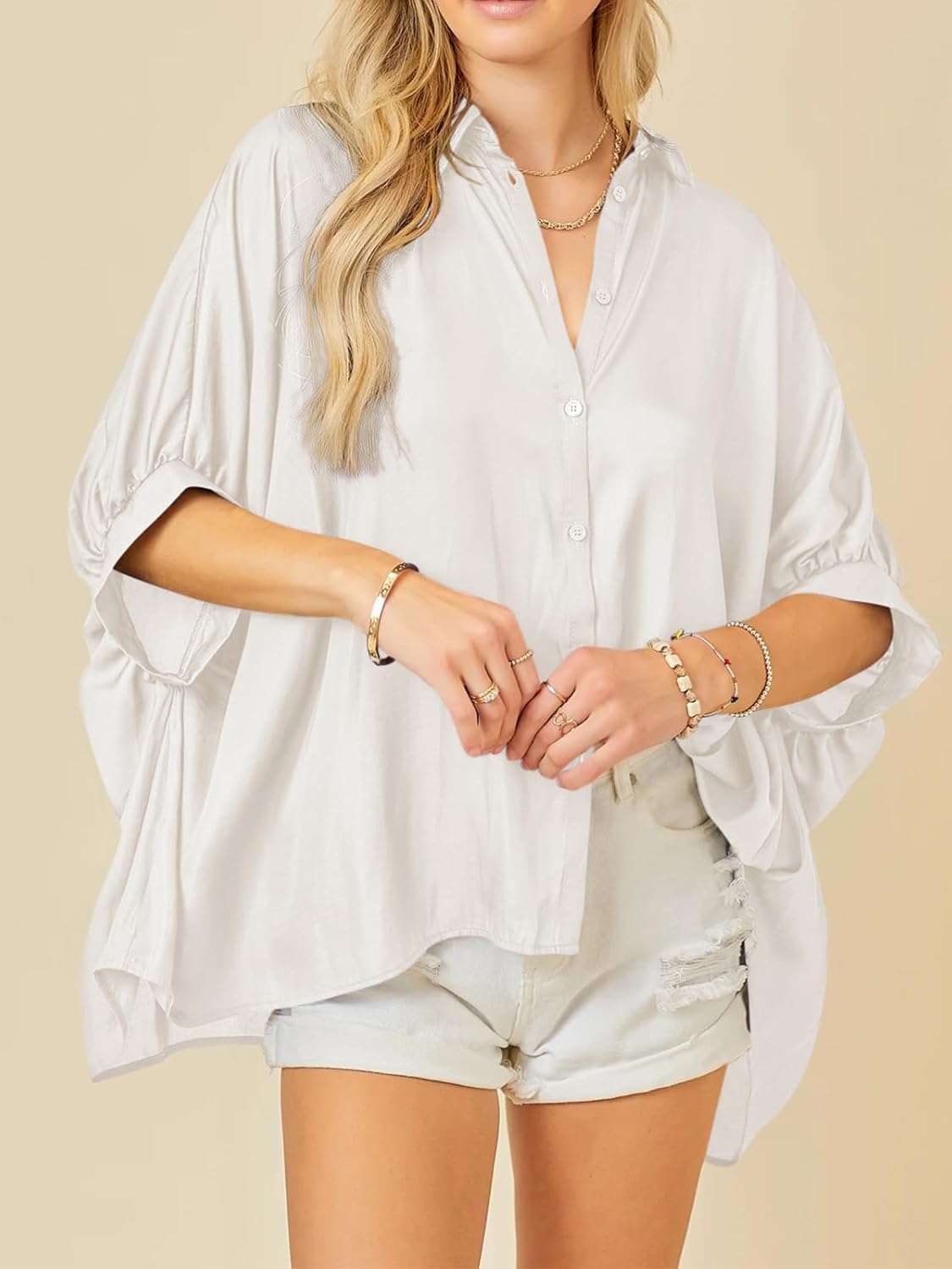 Imily Bela Womens Oversized Button Down Shirt Silk Dolman Short Sleeve Dressy Casual Blouse Tops