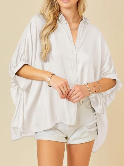 Imily Bela Womens Oversized Button Down Shirt Silk Dolman Short Sleeve Dressy Casual Blouse Tops