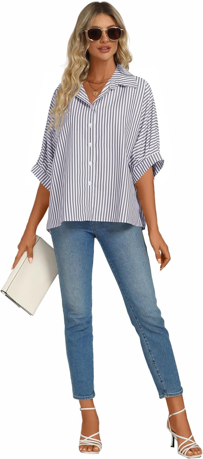 Women's Casual Stripe Button Down Collar V Neck Half Sleeve Loose Blouse Shirt Top