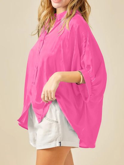 Imily Bela Womens Oversized Button Down Shirt Silk Dolman Short Sleeve Dressy Casual Blouse Tops
