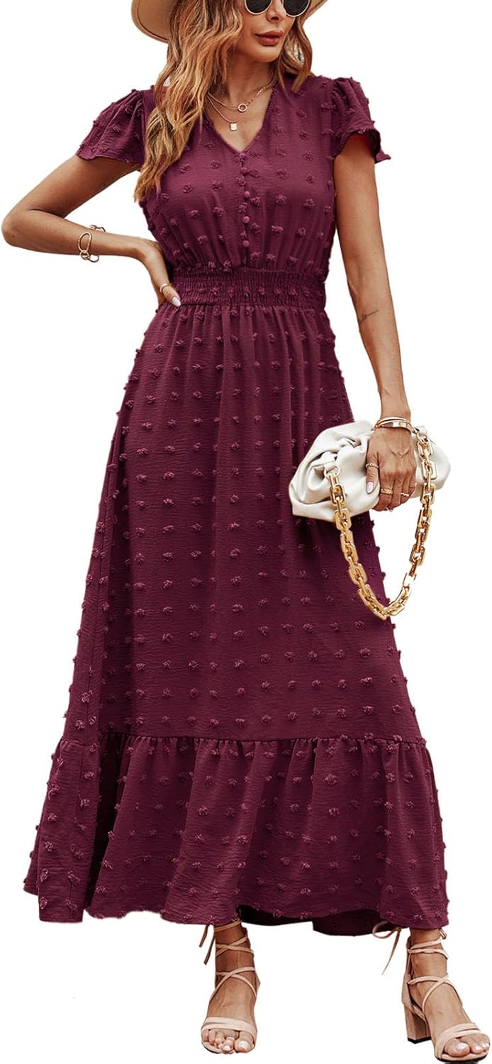 Womens Dresses 2025 Summer Maxi Dress Boho Short Sleeve V Neck Swiss Dot Ruffle Tiered Smocked Flowy Long Dress