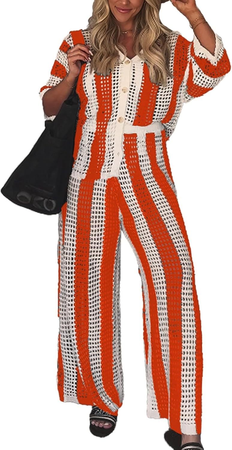NIFTRIRY Women Cover Up Sets Button Up Tops with Pants Crochet Set Outfit 2 Piece Outfits Vacation Outfits