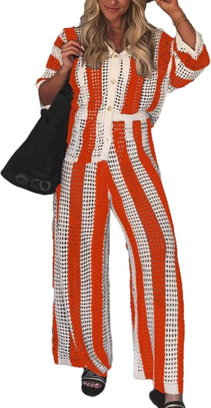 NIFTRIRY Women Cover Up Sets Button Up Tops with Pants Crochet Set Outfit 2 Piece Outfits Vacation Outfits