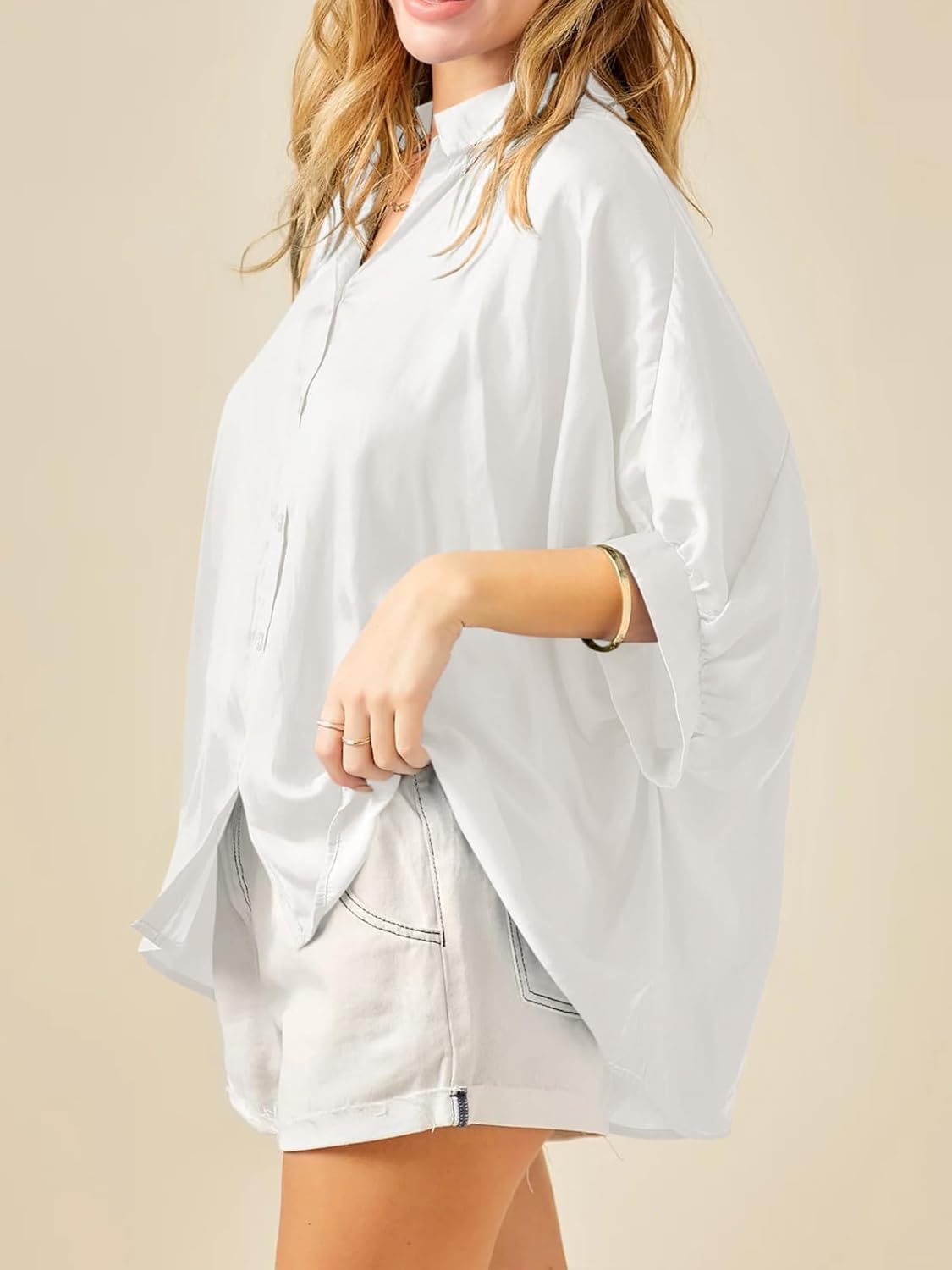 Imily Bela Womens Oversized Button Down Shirt Silk Dolman Short Sleeve Dressy Casual Blouse Tops