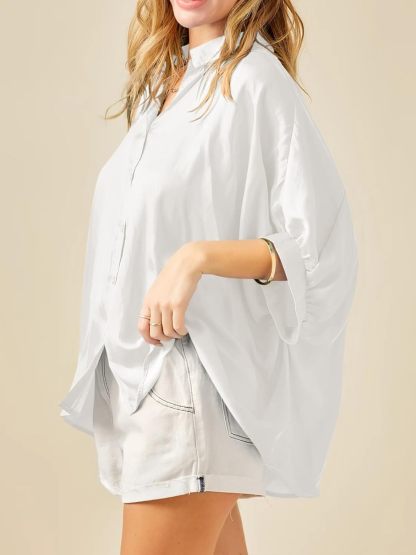 Imily Bela Womens Oversized Button Down Shirt Silk Dolman Short Sleeve Dressy Casual Blouse Tops