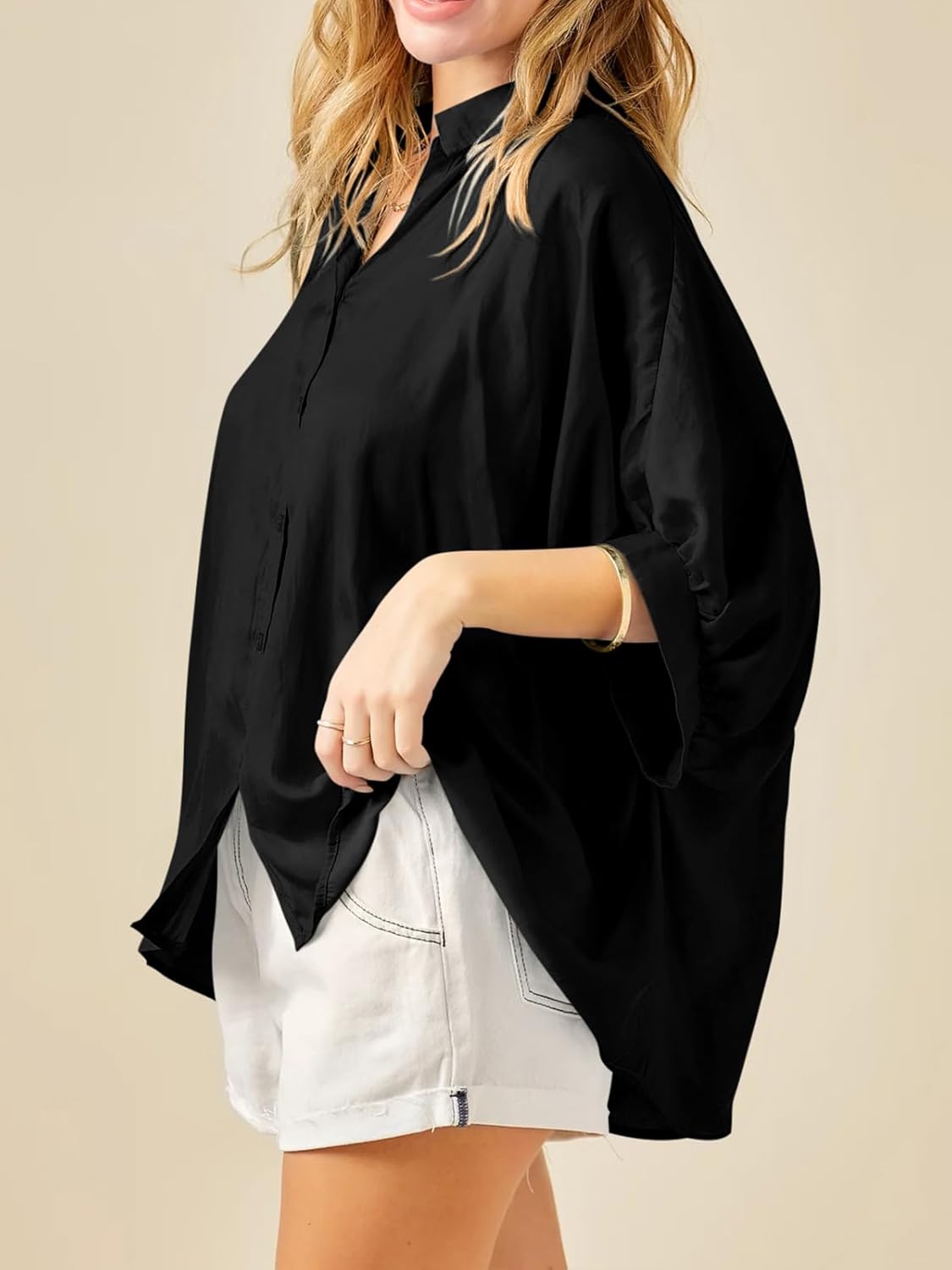 Imily Bela Womens Oversized Button Down Shirt Silk Dolman Short Sleeve Dressy Casual Blouse Tops