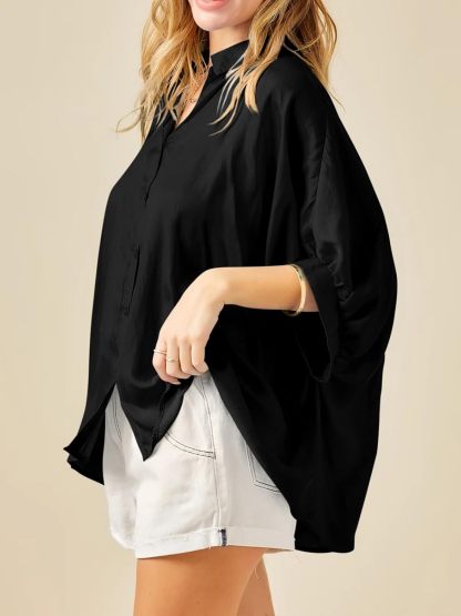 Imily Bela Womens Oversized Button Down Shirt Silk Dolman Short Sleeve Dressy Casual Blouse Tops
