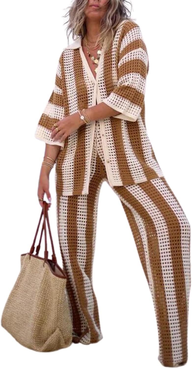 NIFTRIRY Women Cover Up Sets Button Up Tops with Pants Crochet Set Out