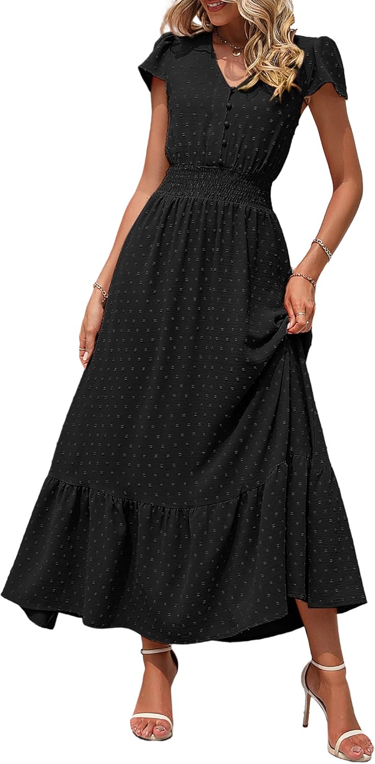 Womens Dresses 2025 Summer Maxi Dress Boho Short Sleeve V Neck Swiss Dot Ruffle Tiered Smocked Flowy Long Dress