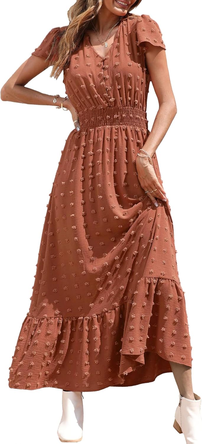 Womens Dresses 2025 Summer Maxi Dress Boho Short Sleeve V Neck Swiss Dot Ruffle Tiered Smocked Flowy Long Dress
