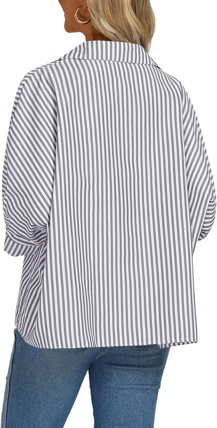Women's Casual Stripe Button Down Collar V Neck Half Sleeve Loose Blouse Shirt Top