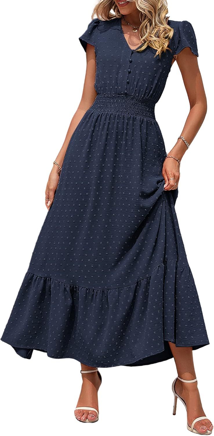 Womens Dresses 2025 Summer Maxi Dress Boho Short Sleeve V Neck Swiss Dot Ruffle Tiered Smocked Flowy Long Dress
