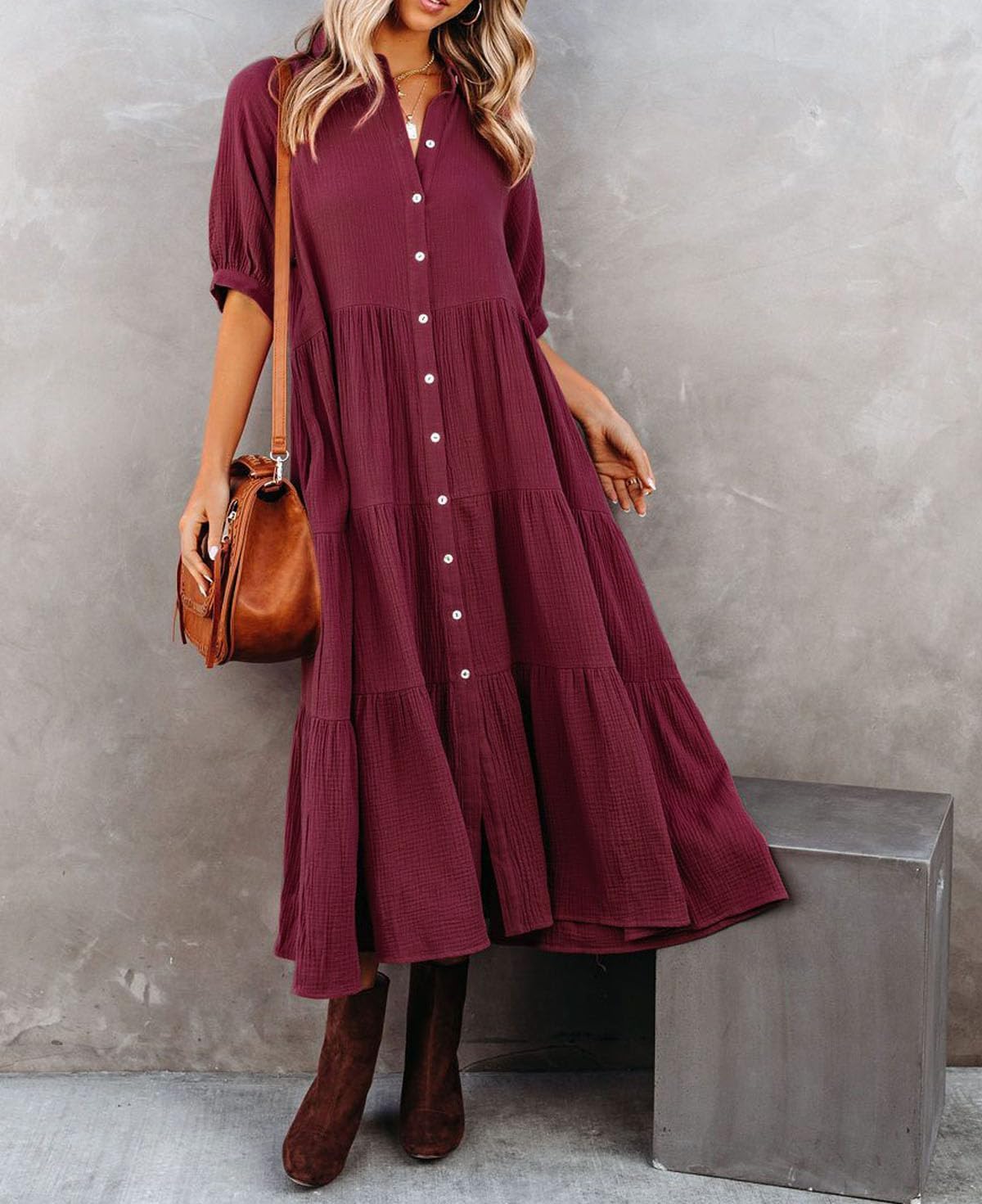 Women's Summer Cotton Half Sleeves Button Down Casual Loose Slit Midi Dress with Pockets