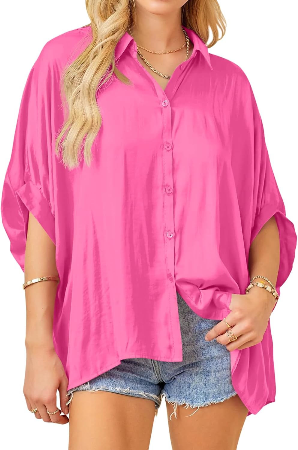 Imily Bela Womens Oversized Button Down Shirt Silk Dolman Short Sleeve Dressy Casual Blouse Tops
