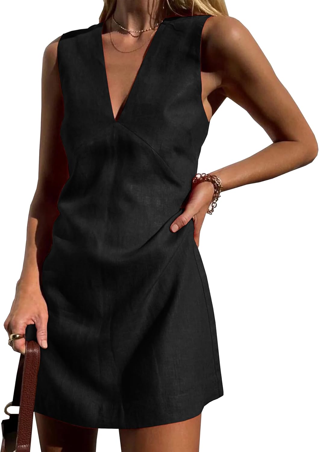 Womens Summer Cotton Linen V Neck Short Dress Sleeveless Mini Dress Casual A Line Slim Tank Dress Sundress