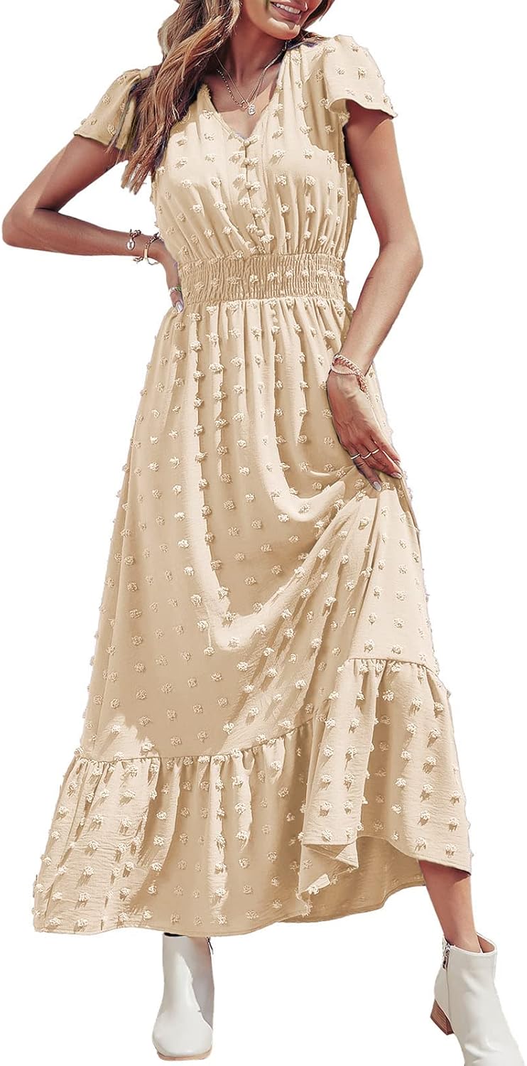 Womens Dresses 2025 Summer Maxi Dress Boho Short Sleeve V Neck Swiss Dot Ruffle Tiered Smocked Flowy Long Dress
