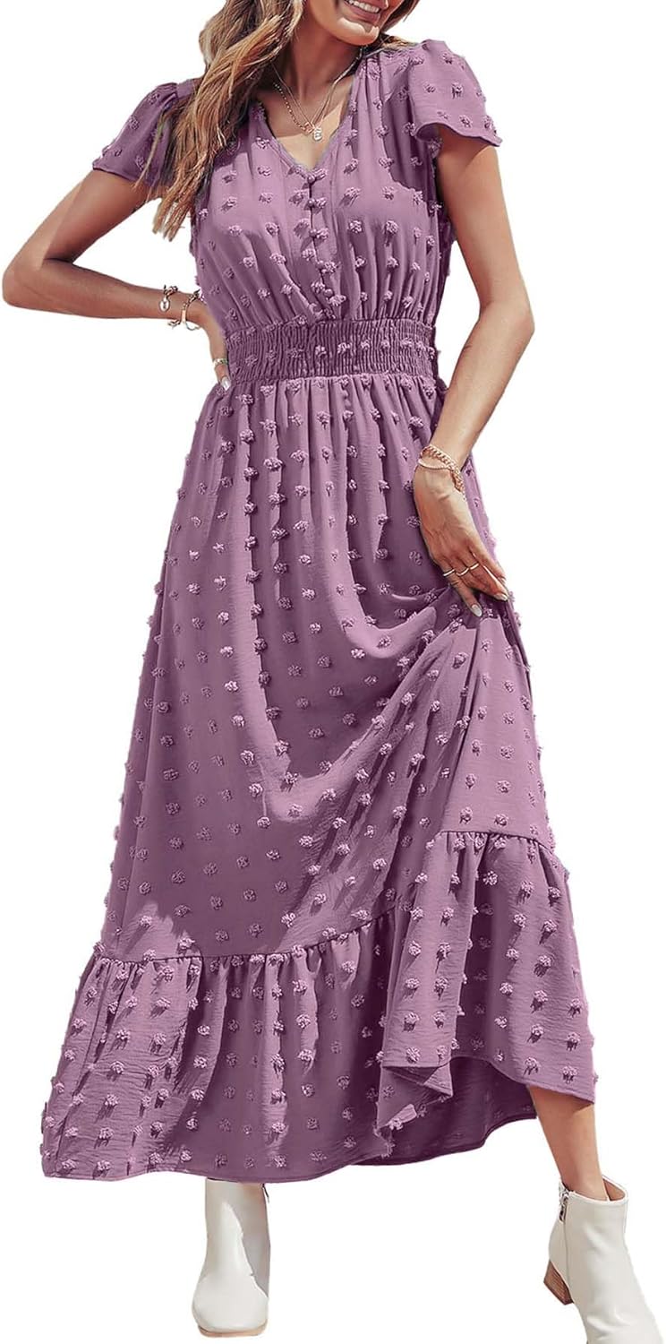 Womens Dresses 2025 Summer Maxi Dress Boho Short Sleeve V Neck Swiss Dot Ruffle Tiered Smocked Flowy Long Dress