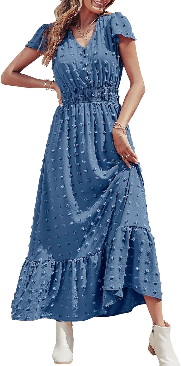 Womens Dresses 2025 Summer Maxi Dress Boho Short Sleeve V Neck Swiss Dot Ruffle Tiered Smocked Flowy Long Dress