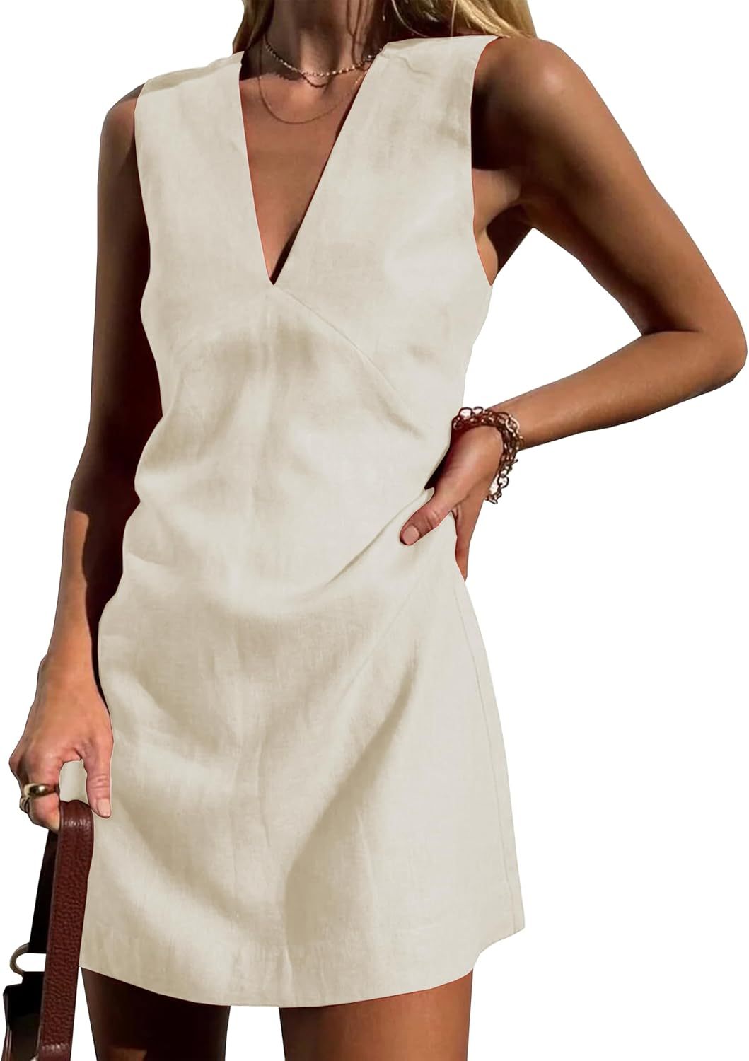 Womens Summer Cotton Linen V Neck Short Dress Sleeveless Mini Dress Casual A Line Slim Tank Dress Sundress
