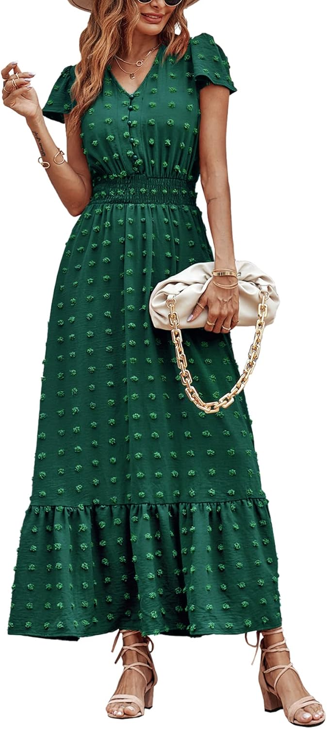 Womens Dresses 2025 Summer Maxi Dress Boho Short Sleeve V Neck Swiss Dot Ruffle Tiered Smocked Flowy Long Dress