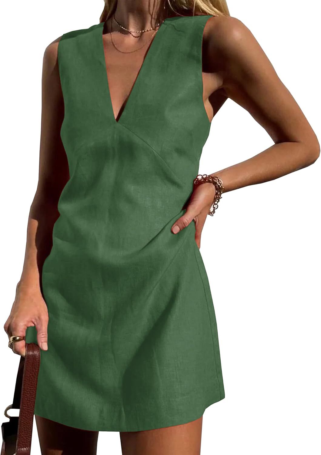 Womens Summer Cotton Linen V Neck Short Dress Sleeveless Mini Dress Casual A Line Slim Tank Dress Sundress