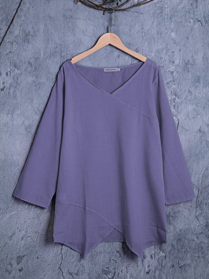 Paneled V Neck Solid 3/4 Sleeve Shirts & Tops