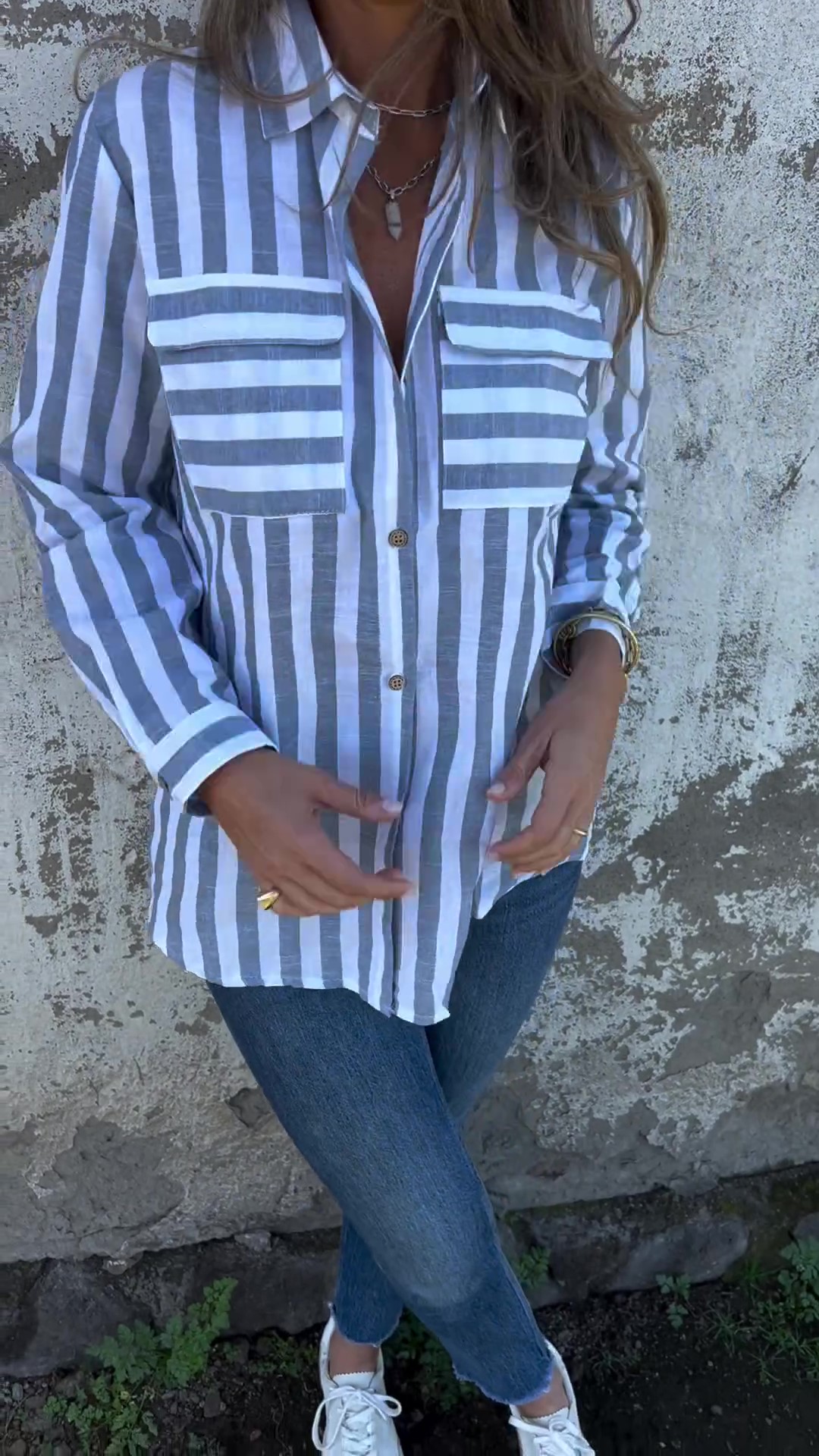 Women's Casual Loose Long Sleeve Striped Printed Shirt