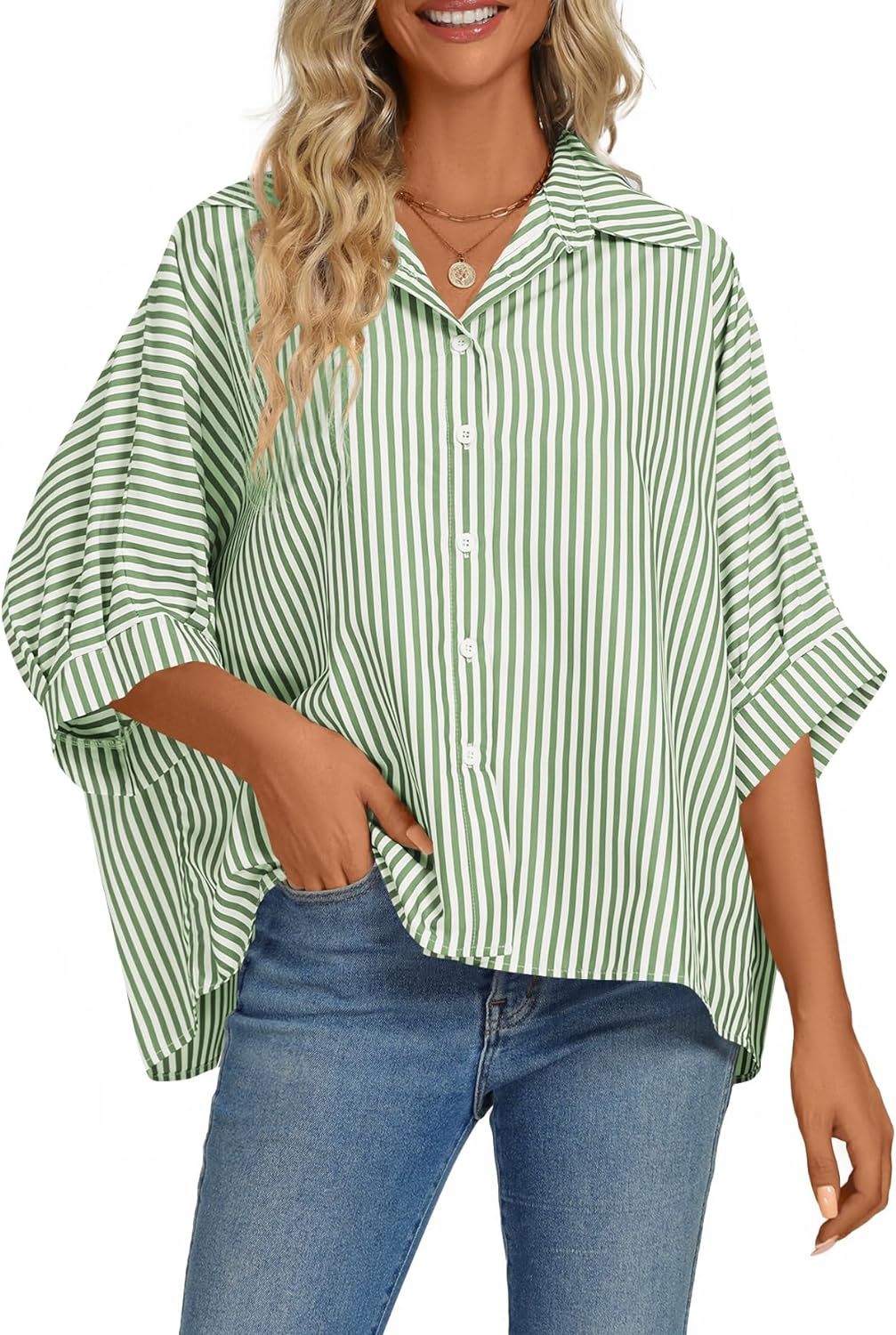 Women's Casual Stripe Button Down Collar V Neck Half Sleeve Loose Blouse Shirt Top