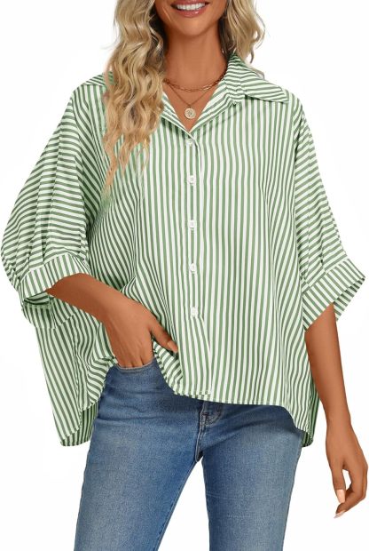Women's Casual Stripe Button Down Collar V Neck Half Sleeve Loose Blouse Shirt Top