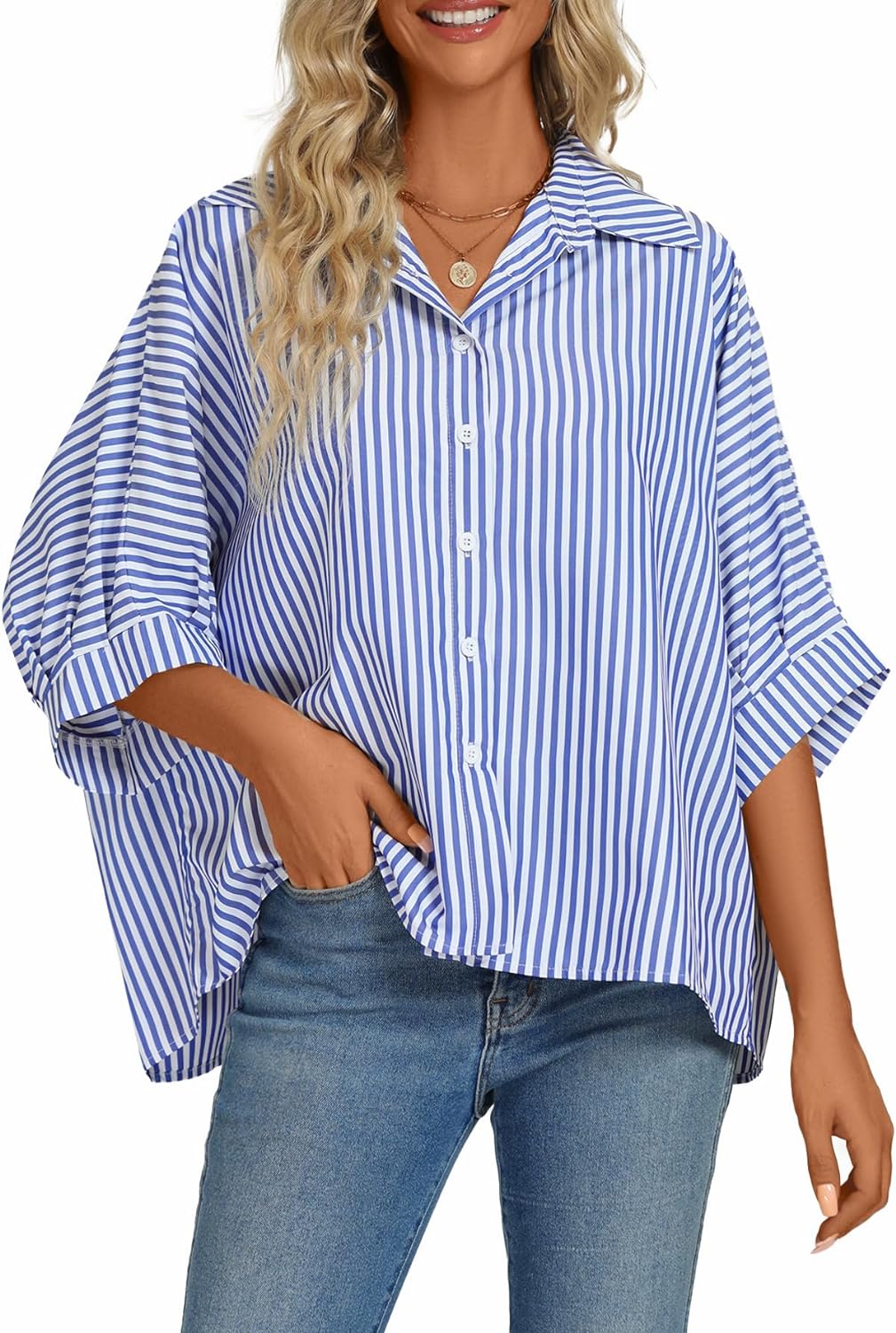 Women's Casual Stripe Button Down Collar V Neck Half Sleeve Loose Blouse Shirt Top