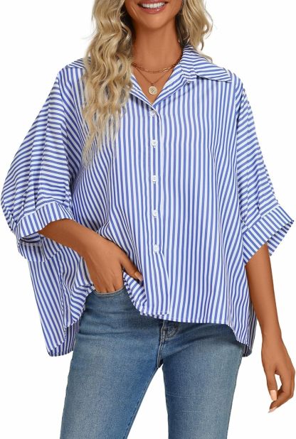 Women's Casual Stripe Button Down Collar V Neck Half Sleeve Loose Blouse Shirt Top
