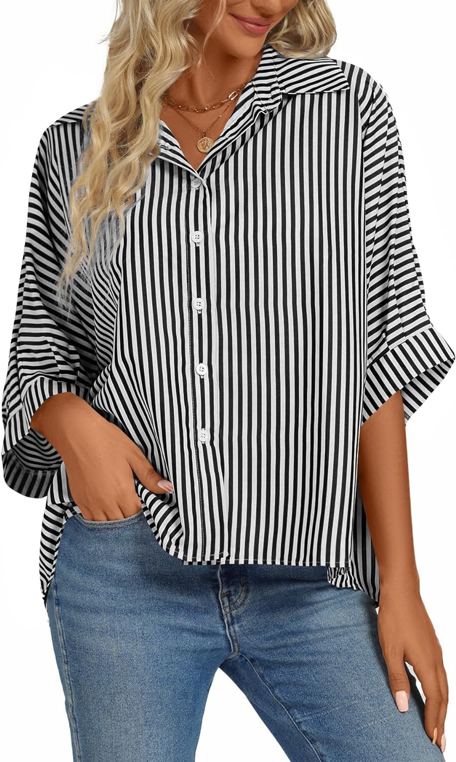 Women's Casual Stripe Button Down Collar V Neck Half Sleeve Loose Blouse Shirt Top