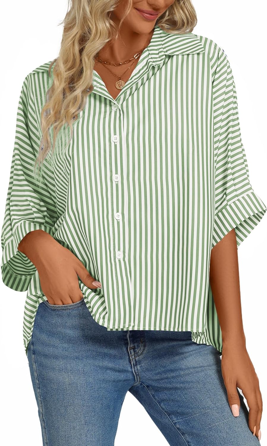 Women's Casual Stripe Button Down Collar V Neck Half Sleeve Loose Blouse Shirt Top