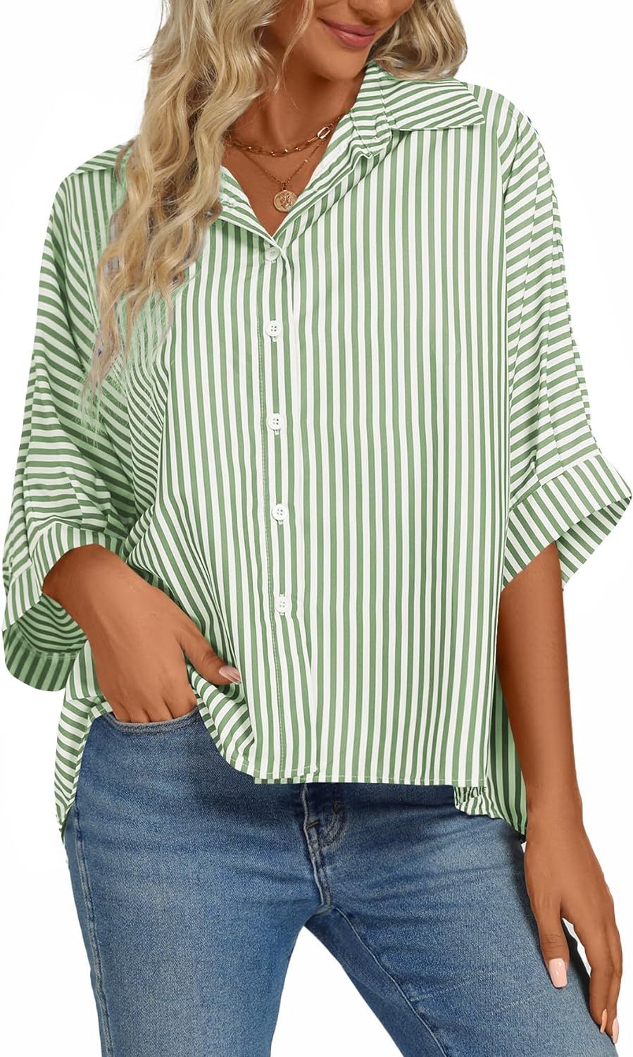 Women's Casual Stripe Button Down Collar V Neck Half Sleeve Loose Blouse Shirt Top