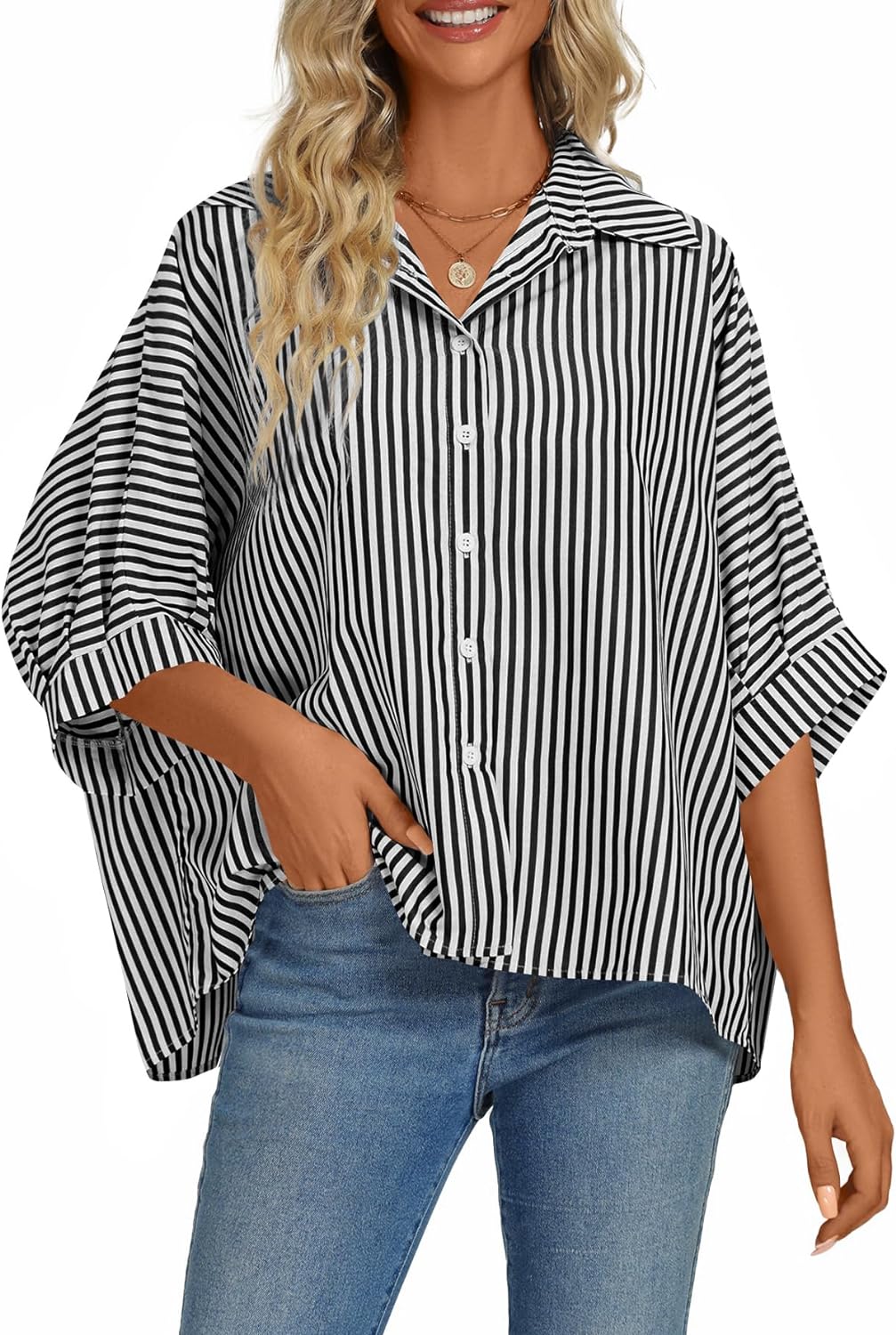 Women's Casual Stripe Button Down Collar V Neck Half Sleeve Loose Blouse Shirt Top