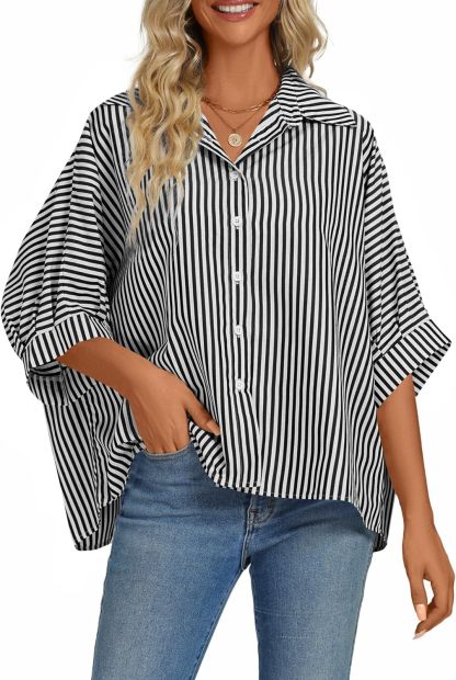 Women's Casual Stripe Button Down Collar V Neck Half Sleeve Loose Blouse Shirt Top