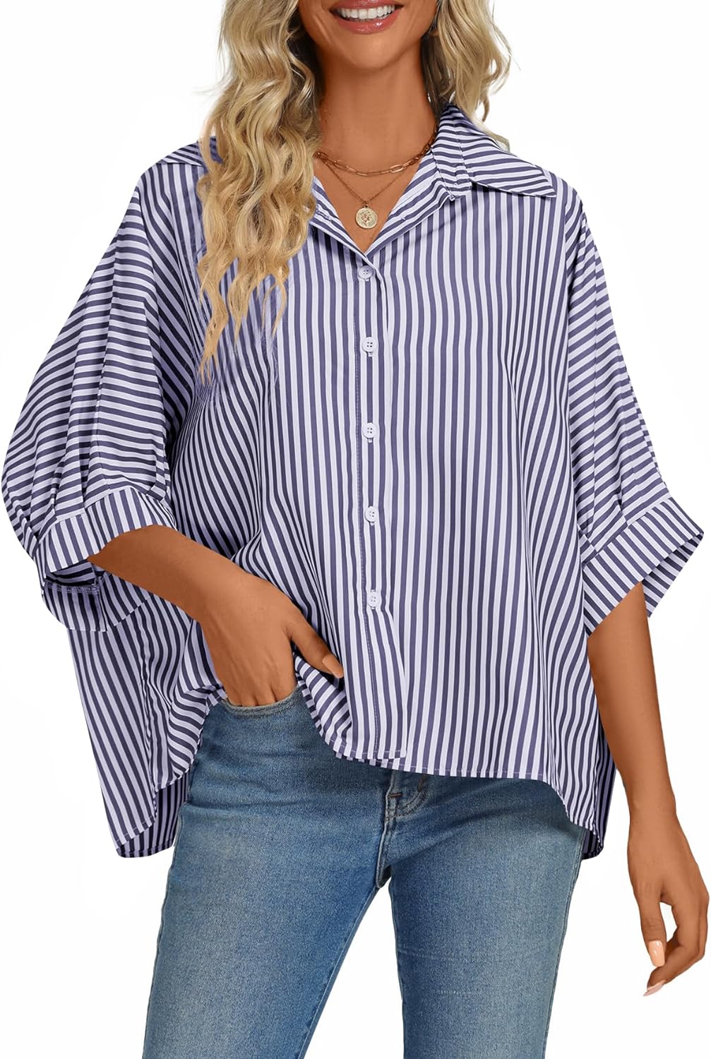 Women's Casual Stripe Button Down Collar V Neck Half Sleeve Loose Blouse Shirt Top