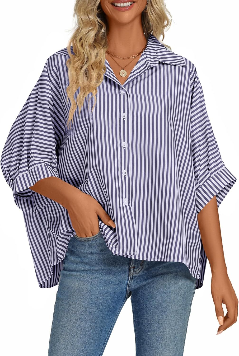 Women's Casual Stripe Button Down Collar V Neck Half Sleeve Loose Blou
