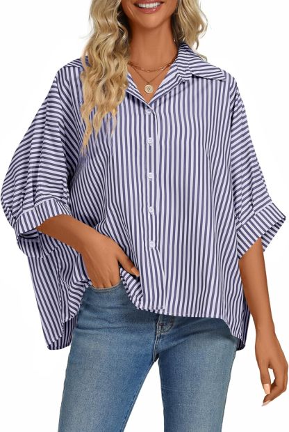 Women's Casual Stripe Button Down Collar V Neck Half Sleeve Loose Blouse Shirt Top