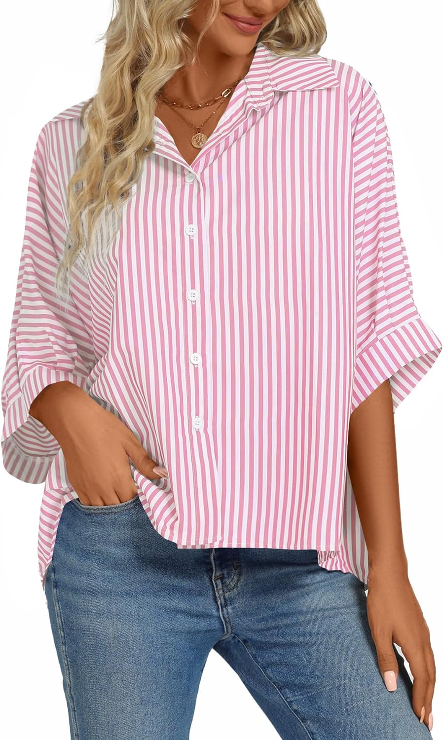 Women's Casual Stripe Button Down Collar V Neck Half Sleeve Loose Blouse Shirt Top