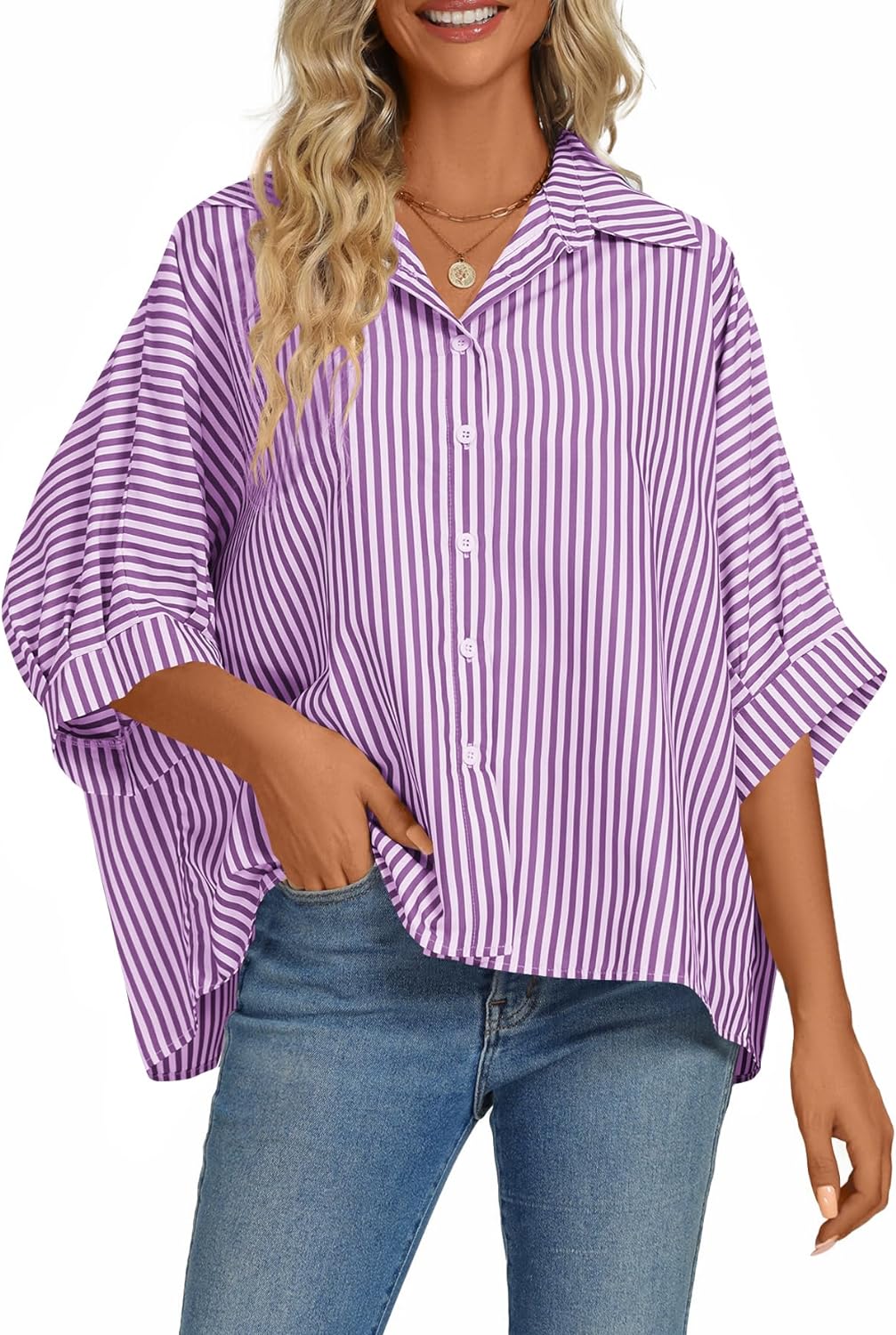 Women's Casual Stripe Button Down Collar V Neck Half Sleeve Loose Blouse Shirt Top