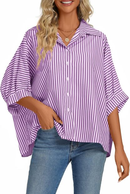 Women's Casual Stripe Button Down Collar V Neck Half Sleeve Loose Blouse Shirt Top