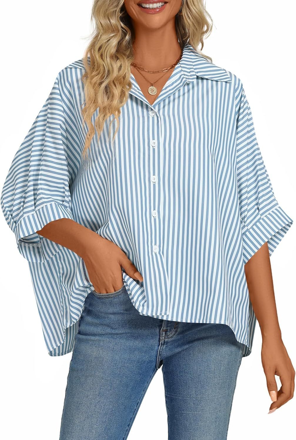 Women's Casual Stripe Button Down Collar V Neck Half Sleeve Loose Blouse Shirt Top